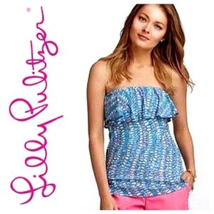 Lilly Pulitzer 100% Cotton Wiley Strapless Top in Blue Multi Clam Jam Sz M